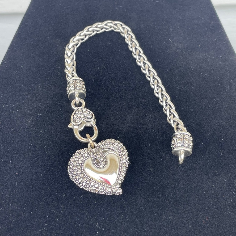 Brighton Heart Charm Wheat Chain Bracelet Silver Tone Ornate Braided 7.5 Inch - Picture 3 of 5